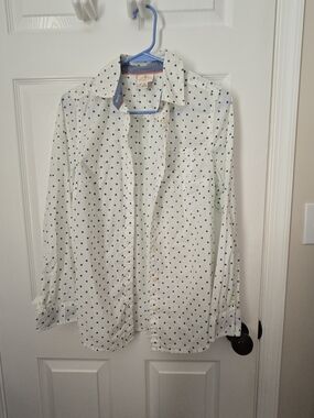 St. John's Bay White Button-Down Shirt with Navy Polka Dots